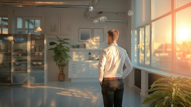 Back view of young businessman standing in modern office with panoramic windows