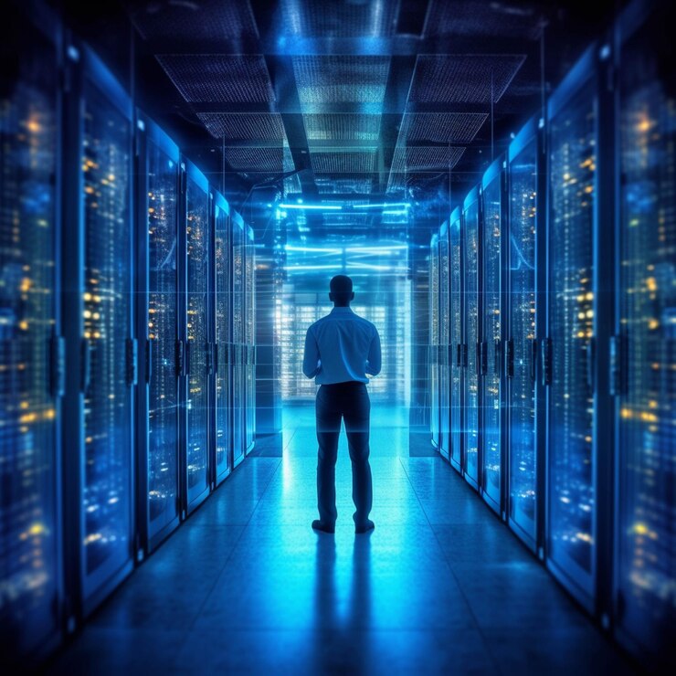 Photo back view of young businessman standing in server room and looking at data