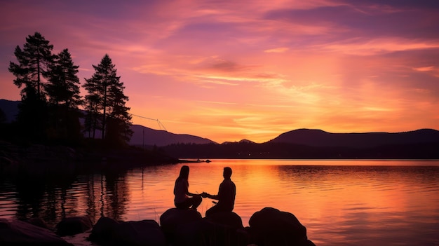 Back view of a young couple fishing at dusk