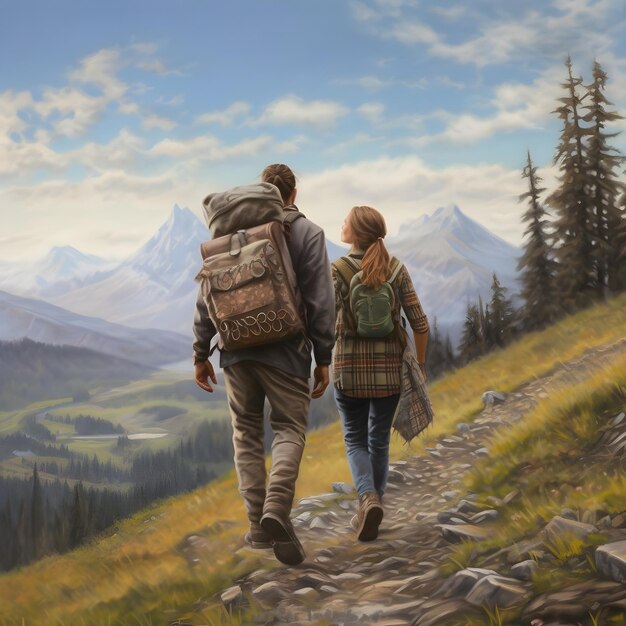 Back view of young couple with backpacks walking on a mountain trail