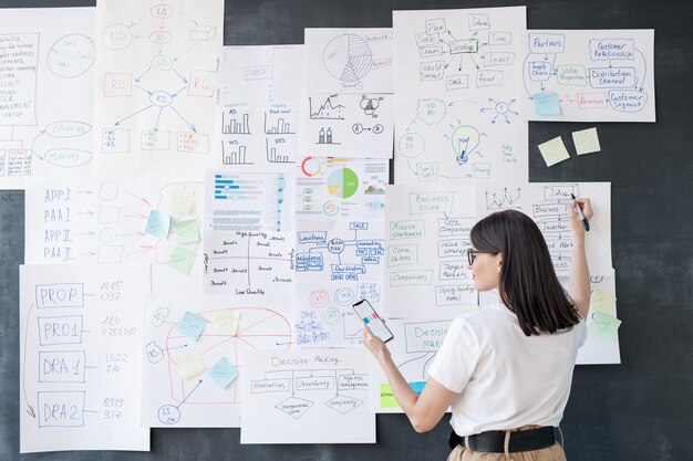 Photo back view of young elegant female broker with smartphone explaining charts with financial data on papers hanging on blackboard