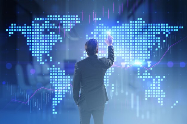 Back view of young european businessman using glowing digital pixel squares map of the world with spotlights on blurry toned office interior background global business concept double exposure