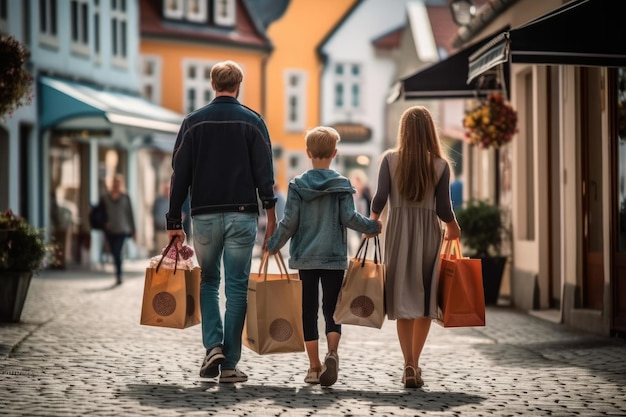 Back view of a young family walking down the street with shopping bags Generative AI