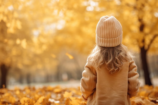 Back view of a young girl kid in an autumn park