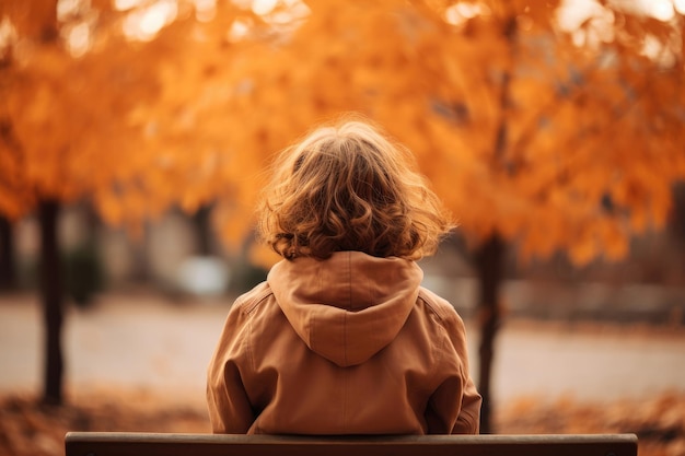 秋の公園のベンチに座っている若い女の子の後ろの景色