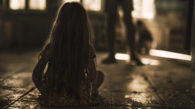 Back view of a young girl sitting alone moody vibes in a dusky room contemplative child in solitude emotional and evocative conceptual storytelling in photography AI