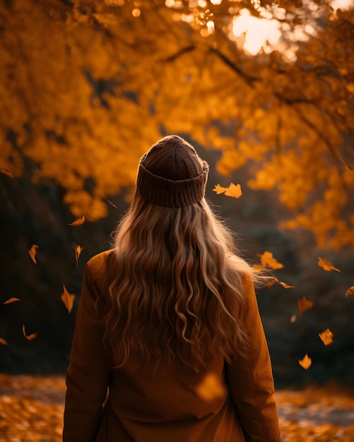 Back view of a young girl in warm cloth and hat at autumn season