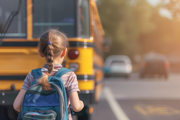 Back view of a young girl with backpack going to the school bus Back to school concept