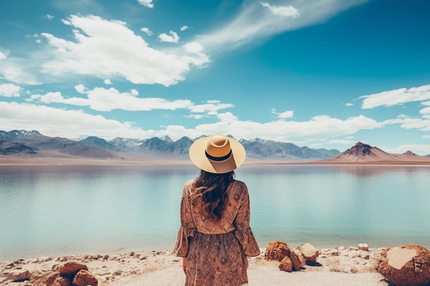 Back view of a young Latin American tourist standing and holding a hat contemplating a lake with mountains