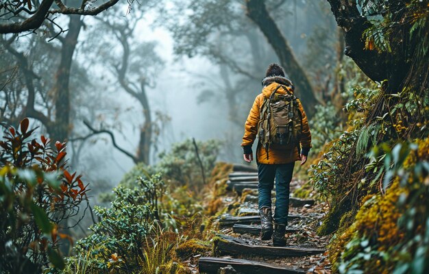 Photo back view of a young man hiking in the mountains on a misty day climbing wooden stepsxa