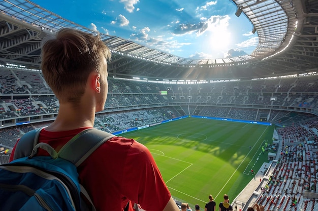 back view of young man soccer fan watching football game at the stadium