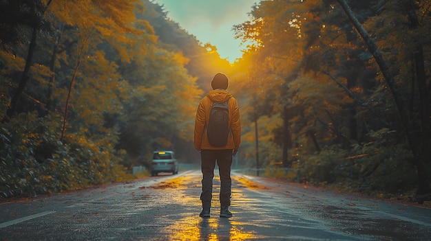 Back view of young man walking on road in autumn forest at sunset generative ai art