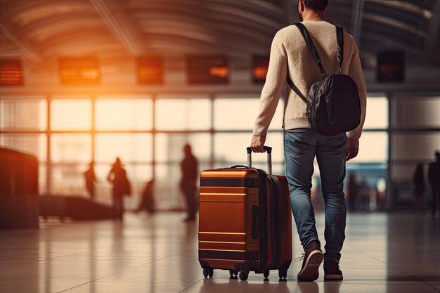 Back view of young man with suitcase in airport terminal Travel and tourism concept Close up of a man walking with luggage in airport Travel concept AI Generated
