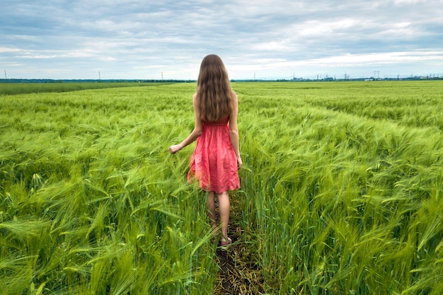 Back view of young romantic slim woman in red dress with long hair walking in green field on sunny summer day on blue sky copy space 