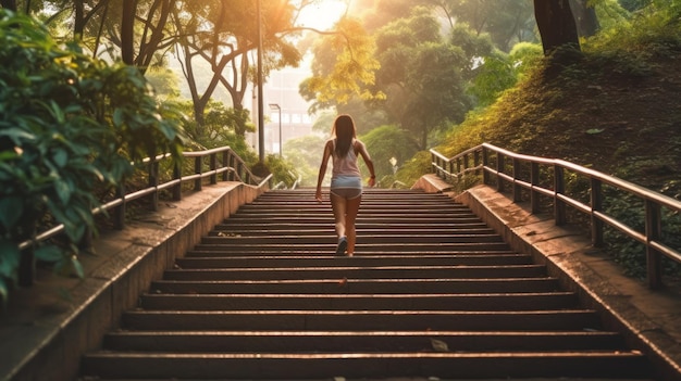 Back view of young woman fictional running up the stair for exercise in the morning