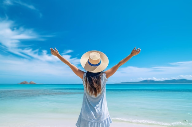 Back view of young woman in hat with arms raised on tropical beach