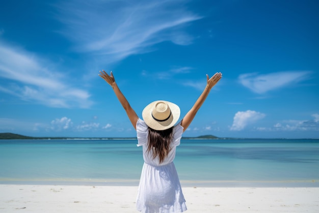 Back view of young woman in hat with arms raised on tropical beach