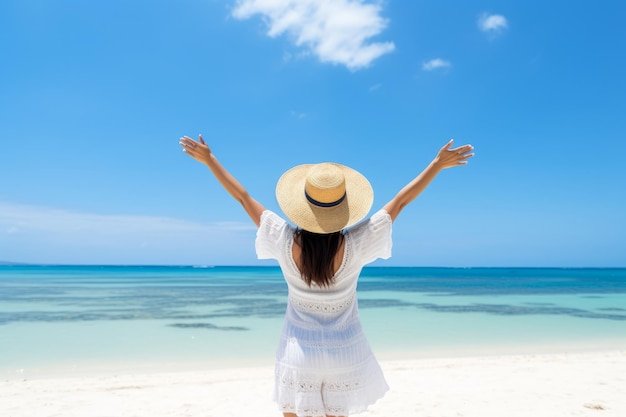 Back view of young woman in hat with arms raised on tropical beach