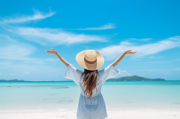 Back view of young woman in hat with arms raised on tropical beach