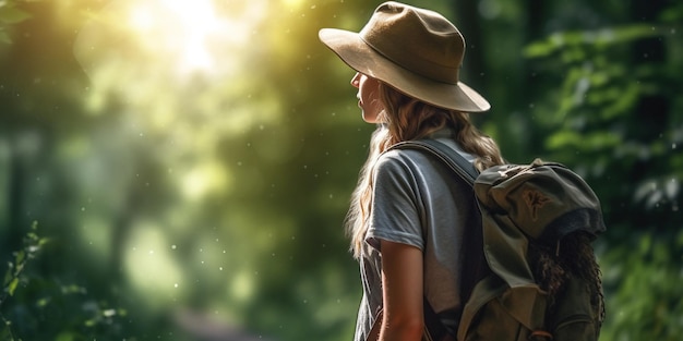 Вид сзади на молодую женщину в шляпе с рюкзаком, прогуливающуюся по лесу с помощью искусственного интеллекта
