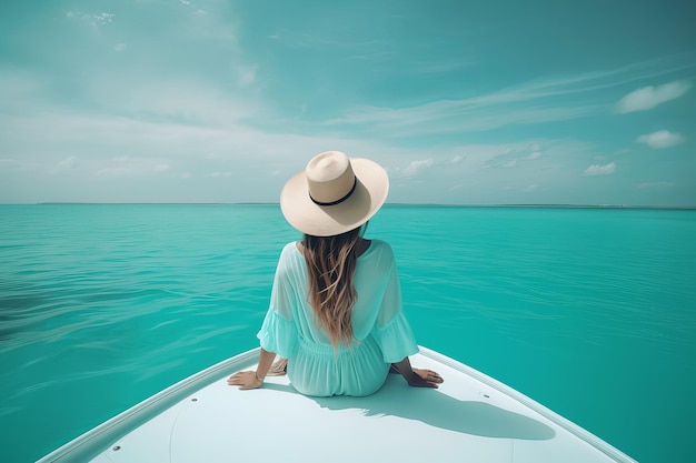 Back view of young woman relaxing on boat and looking at ocean Generative AI illustration