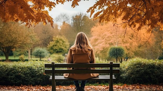 Back view of a young woman sitting on a bench in the park at autumn