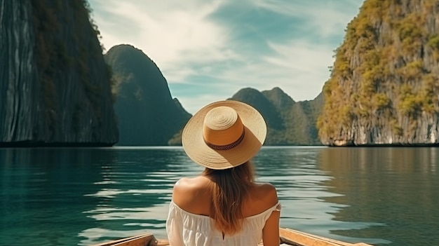 Back view of the young woman in straw hat relaxing on the boat and looking forward into lagoon