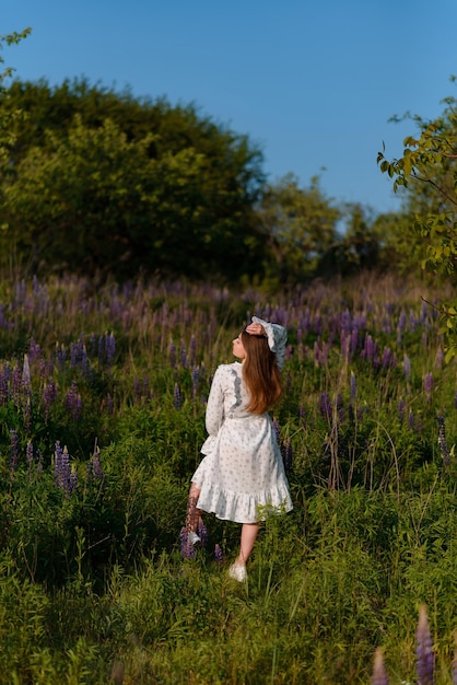 Photo back view of a young woman walking around lupine flowers at sunset