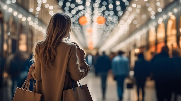 Back view of a young woman walking in the shopping mall at night