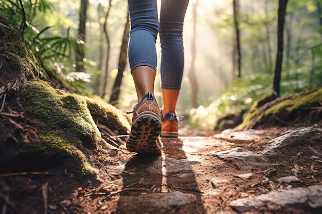 Back view of a young woman walking on the trail in a forest closeup of a shoes