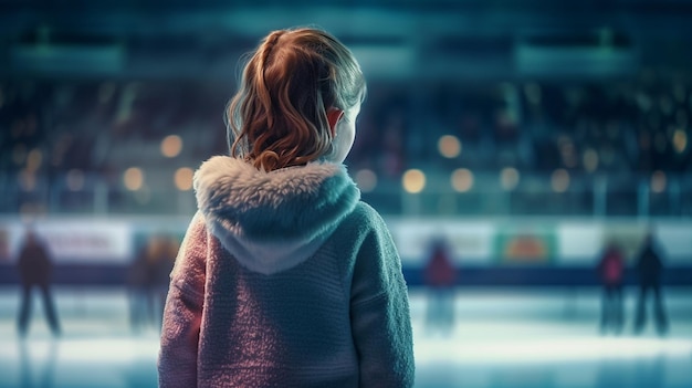 Back view of a young woman in winter clothes looking at the ice rinkgenerative ai