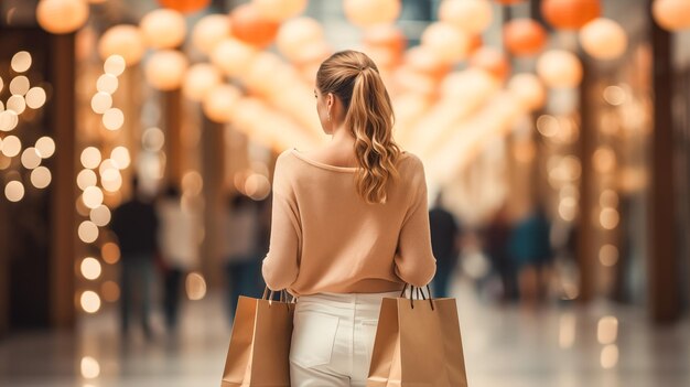 Foto vista posteriore di una giovane donna con le borse della spesa