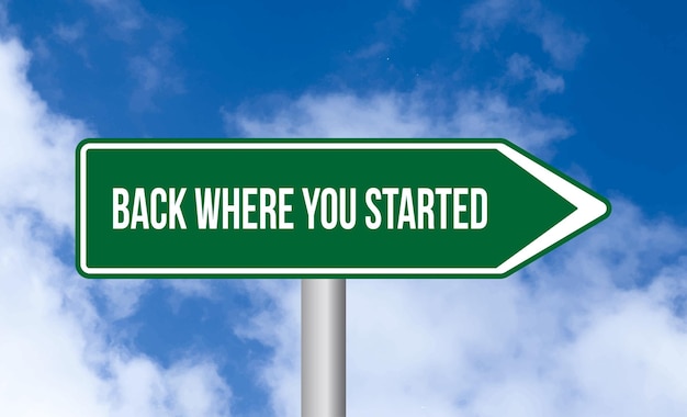 Back where you started road sign on blue sky background