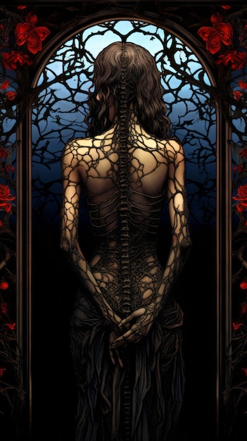 the back of a woman in a dark room with red roses