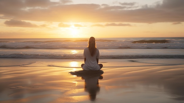 the back of a woman meditating on the beach