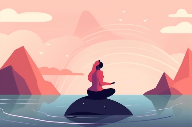 Назад женщина человек йога релаксация лето лотос медитация упражнения океан море Генеративный ИИ