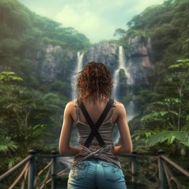 The back of a woman in summer clothes looking at jungle forests and waterfalls AI generative