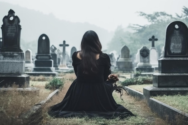 Back of woman wear all in black sit on cemetery Sad person Generative AI