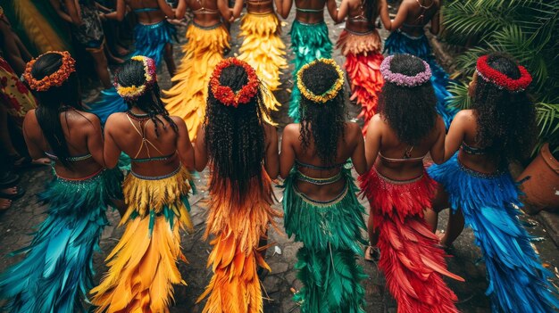 Photo back of women dancers at barranquilla carnival in colombia