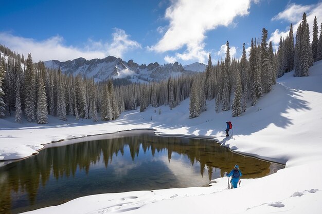 Backcountry skiers cross a small lake south of Chalk Creek Pass