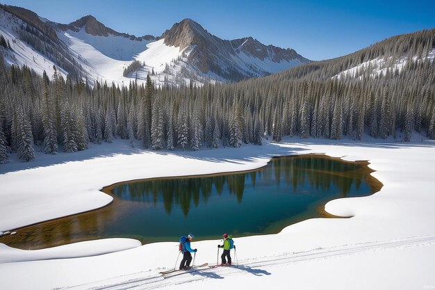 Photo backcountry skiers cross a small lake south of chalk creek pass