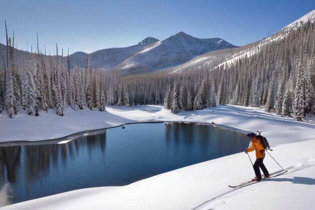 Backcountry skiers cross a small lake south of Chalk Creek Pass