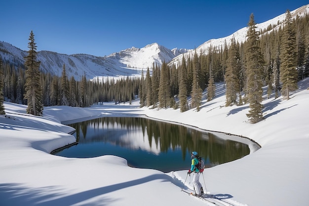 Backcountry skiers cross a small lake south of Chalk Creek Pass