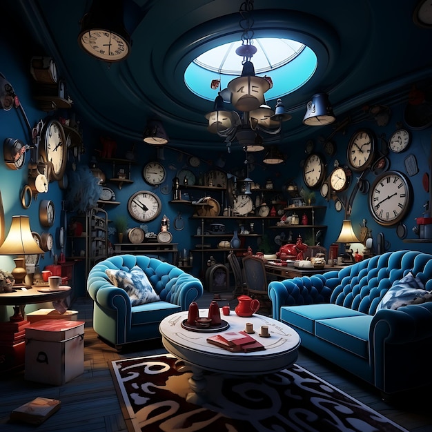 Backdrop of Alice in Wonderland Room Oversized Teacups Clock Decorations for Content Creator Stream