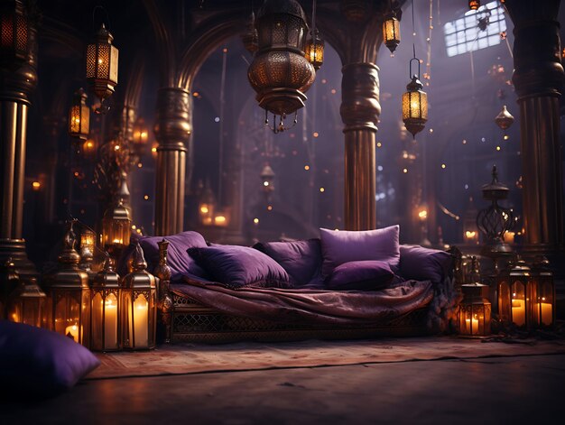 Backdrop of Arabian Nights Backdrop Magic Lamp Silk Cushions Golden Hook for Content Creator Stream