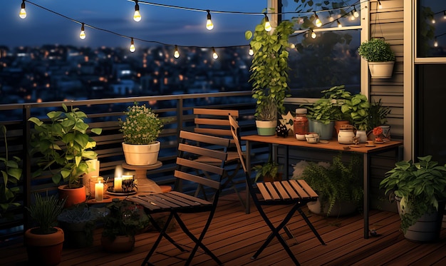 Backdrop of Balcony Snack Sampling Spot String Lights Potted Plants Tabl for Content Creator Stream