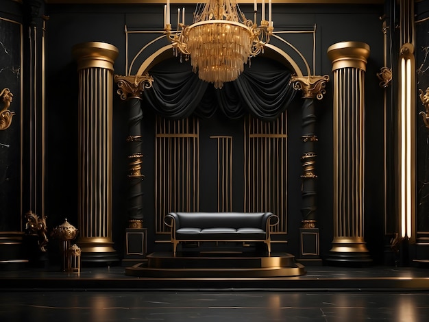 backdrop of a black wall with gold elements and columns epitomizing timeless luxury