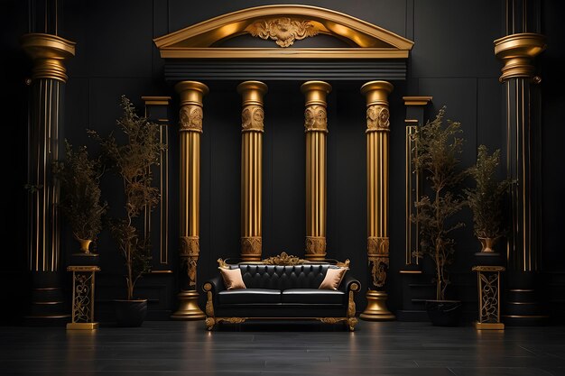 황금의 요소와 기둥으로 된 검은 벽의 배경은 시대를 초월하는 럭셔리를 상징합니다.