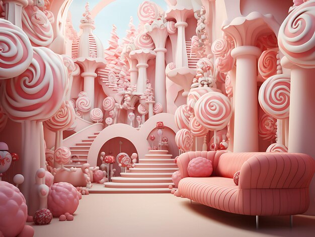 Backdrop of Candy Wonderland Room Candy Cane Pillars Candy Tree Cupcake for Content Creator Stream