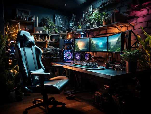 Backdrop of Cyberpunk Gaming Den Room Neon Gaming Setup Virtual Reality for Content Creator Stream